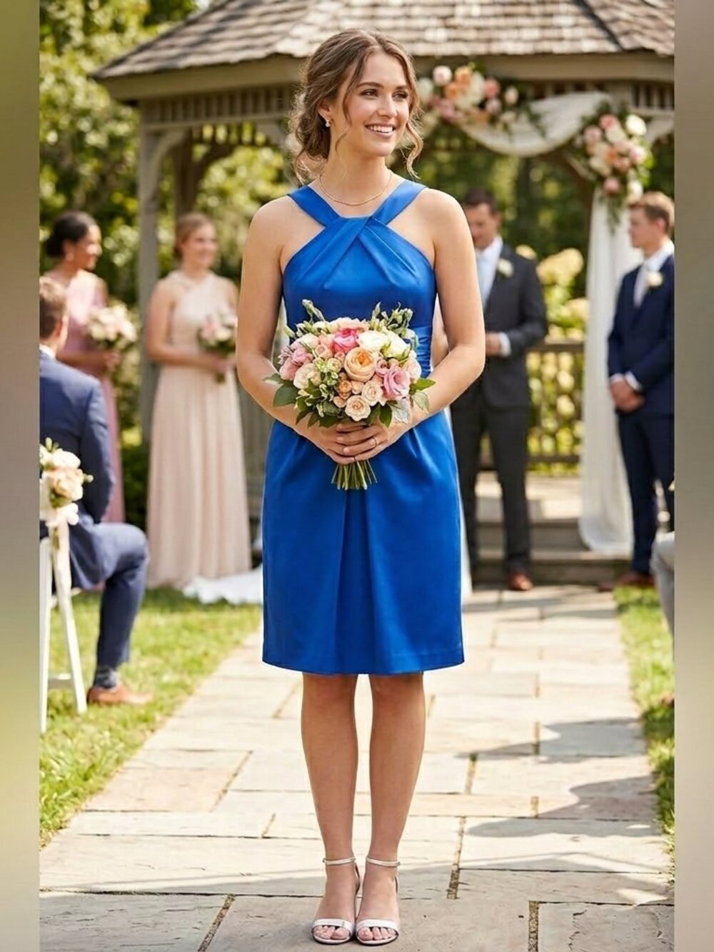 David's Bridal Royal Blue Cross-Back Halter Midi Bridesmaid Dress size 4